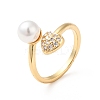 Clear Cubic Zirconia Heart Open Cuff Ring with Acrylic Pearl KK-E060-21G-1