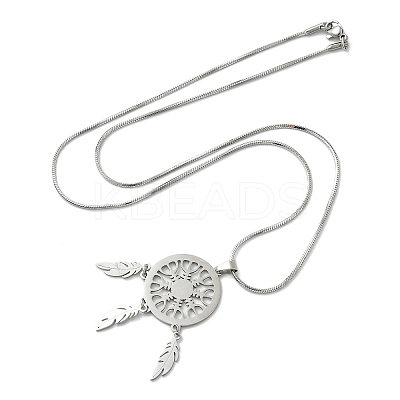 Bohemian 201 Stainless Steel Snowflake Woven Web/Net with Feather Pendant Necklaces NJEW-P327-07P-A-1