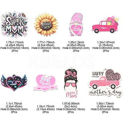 16Pcs 8 Styles Momther's Day Wooden Pendants WOOD-FS0001-38-1