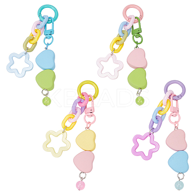 4Pcs 4 Colors Plastic Colorful Matte Heart Pendant Keychain with Flower Chains Mobile Accessories Decoration HJEW-WR0001-07-1