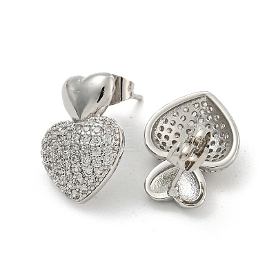 Heart Brass Pave Clear Cubic Zirconia Stud Earrings for Women EJEW-N054-44P-1