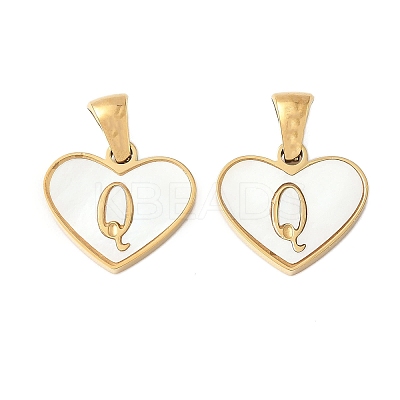 304 Stainless Steel Pave Natural White Shell Heart with Initial Slice Pendants STAS-R168-25G-Q-1