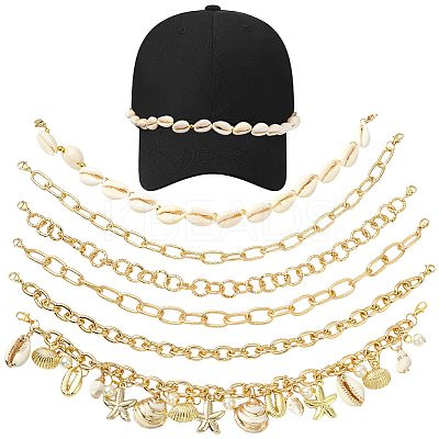 6Pcs 6 Styles Ocean Theme Cowrie Shell & Aluminum & Brass Alloy Cap Chain HJEW-SC0002-36-1