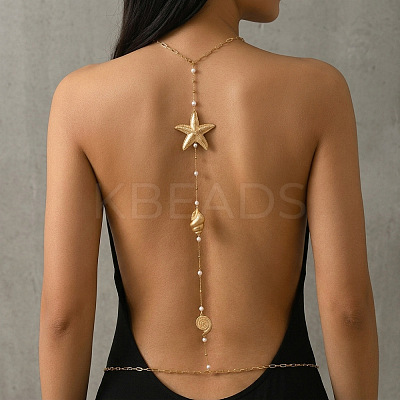 Ocean Alloy & Iron Starfish Shell Shape Back Chain Necklaces for Backless Dress with Imitation Pearl WG9F3AC-01-1