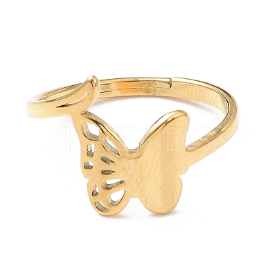 Ion Plating(IP) 304 Stainless Steel Hollow Out Butterfly Adjustable Ring for Women RJEW-I097-03G-1