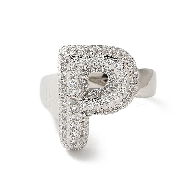 Letter Brass Micro Pave Clear Cubic Zirconia Open Cuff Ring for Women RJEW-N046-03P-P-1