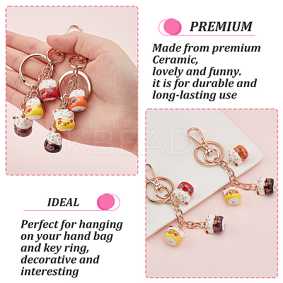 2Pcs 2 Colors Maneki Neko Lucky Cat Porcelain Pendant Keychain KEYC-OC0001-42B-1