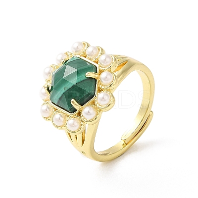 Ion Plating(IP) Natural Mixed Gemstone Hexagon Adjustable Ring with Plastic Pearl Beaded RJEW-E075-03G-1