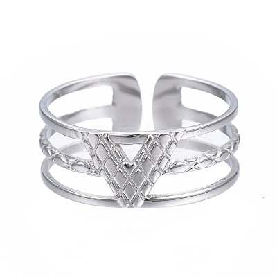 Non-Tarnish 304 Stainless Steel Initial Letter V Open Cuff Ring RJEW-T023-42P-1