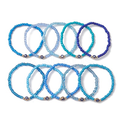 10Pcs 10 Styles Blue Color Palette Glass Seed Beaded Stretch Bracelets Sets BJEW-MZ00096-1