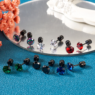 12Pcs 6 Colors Cubic Zirconia Diamond Stud Earrings EJEW-TA0001-09-1