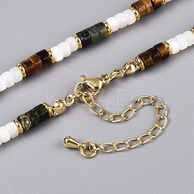 Column Natural Tiger Eyes & Kambaba Jasper & White Shell Beaded Necklaces for Women NJEW-T017-01G-1