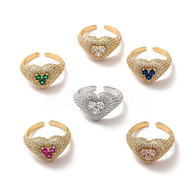 Cubic Zirconia Heart Open Cuff Ring RJEW-C041-04-1