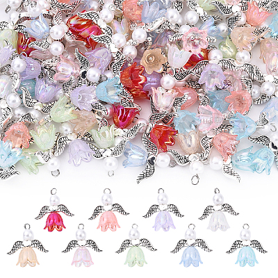 10Pcs Acrylic & Imitation Pearl Flower Angel Pendants PALLOY-YW00055-01-1