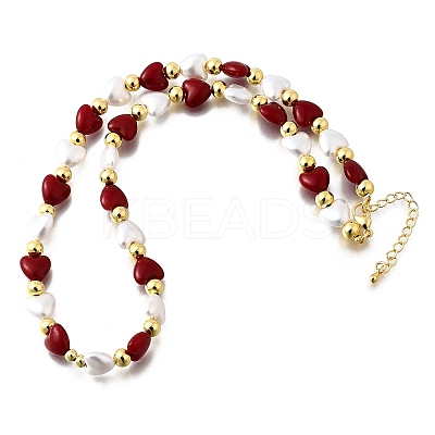 Brass & ABS Imitation Pearl Heart and Round Beaded Necklaces for Women NJEW-D314-11B-G-1