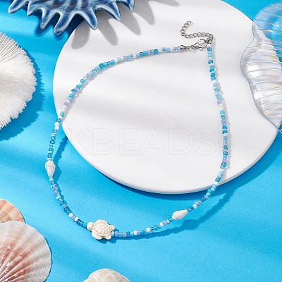 Summer Beach Sea Turtle Dyed Synthetic Turquoise & Glass Seed Beads Beaded Necklaces for Women NJEW-JN05081-02-1