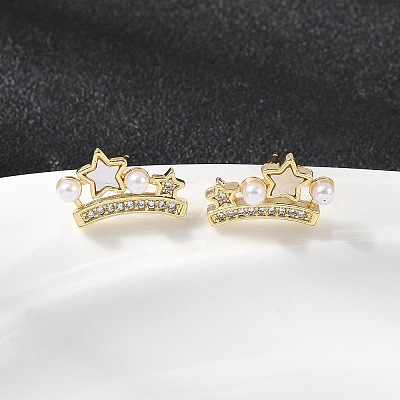 Brass Micro Pave Clear Cubic Zirconia Crown Stud Earrings EJEW-K318-02G-1