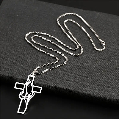 Hollow Cut Cross with Praying Hand 201 Stainless Steel Pendant Necklaces for Men FS-WG70CE0-01-1