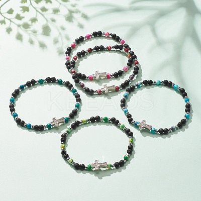 Natural & Synthetic Mixed Gemstone Beaded Stretch Bracelet with Clear Cubic Zirconia Cross for Women BJEW-JB08247-1