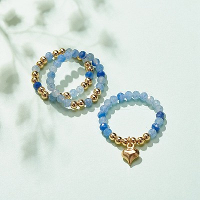 3Pcs 3 Style Natural Gemstone & Brass Beaded Finger Rings with 304 Stainless Steel Heart Charms for Women RJEW-JR00471-1