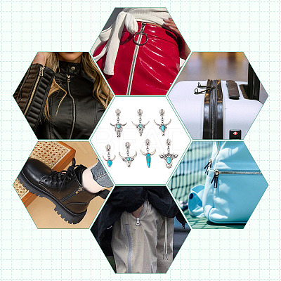 14Pcs 7 Styles Cattle Head Alloy & Synthetic Turquoise Zipper Sliders HJEW-TAC0102-1