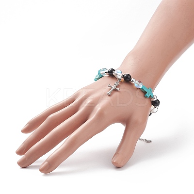 Natural & Synthetic Mixed Stone Beaded Bracelet with Cross Charm BJEW-TA00184-03-1