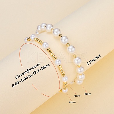 2Pcs 2 Styles ABS Plastic Imitation Pearl & Shell Pearl & Brass Beads Bracelets BJEW-SW01606-1