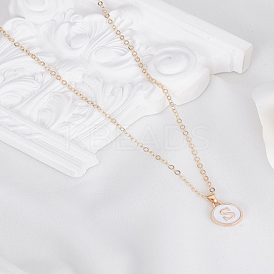1Pc Zinc Alloy White Enamel Round with Letter Pendant Necklaces NJEW-LP0002-88G-S-1