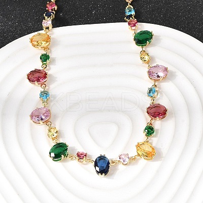 Brass Pave Colorful Cubic Zirconia Geometric Link Chain Necklaces NJEW-C111-03B-1