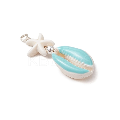 2Pcs 2 Colors Cowrie Shell Enamel & Synthetic Turquoise Starfish Pendants PALLOY-JF03406-1