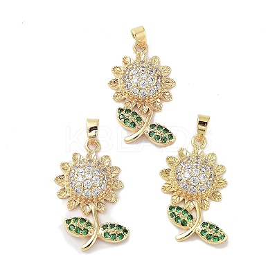 Sunflower Charms Rack Plating Brass Micro Pave Clear Cubic Zirconia Pendants KK-G482-16G-1