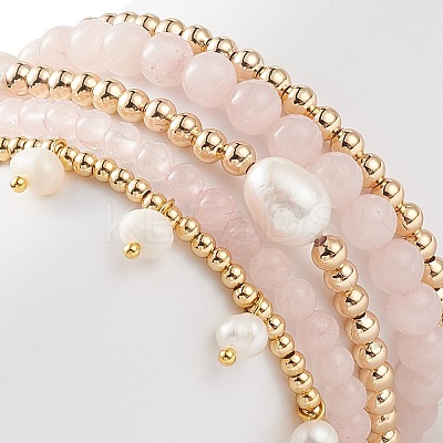 5Pcs 5 Style Natural Rose Quartz & Brass Beaded Stretch Bracelets Set BJEW-JB08870-02-1
