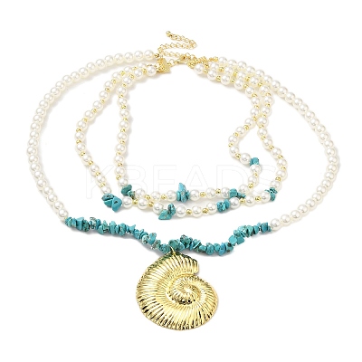 Boho Dyed Synthetic Turquoise Chip & Plastic Pearl Multi Layered Necklaces LS-NJEW-U006-04A-G-1
