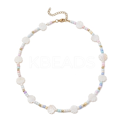 Summer Beach Natural White Shell and Glass Seed Beaded Necklaces NJEW-JN05855-01-1