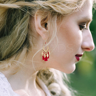 6 Pairs 6 Colors Leaf & Cotton Tassel Chandelier Earrings EJEW-FI0003-14-1