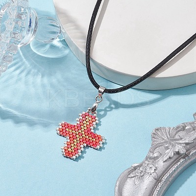 Glass Seed Cross Pendant Necklaces NJEW-MZ00025-01-1
