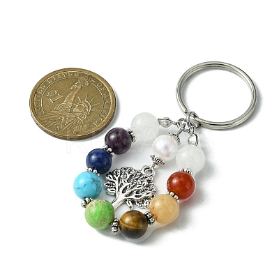 7 Chakra Gemstone Bead Pendant Keychain with Tibetan Style Alloy Charm KEYC-JKC00539-05-1
