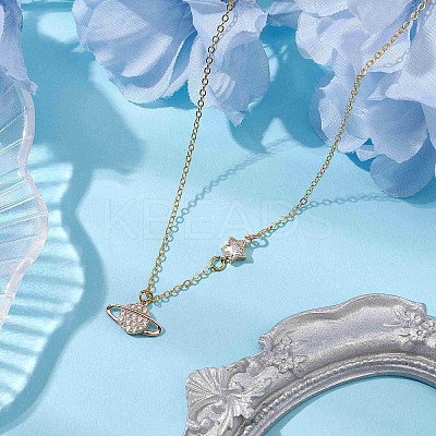 Planet Brass Cubic Zirconia Pendant Necklace NJEW-JN04936-1