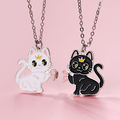 2Pcs Zinc Alloy Enamel Magnetic BFF Cat Shaped Split Pendant Friendship Necklaces for Girls FS-WG880EB-02-1