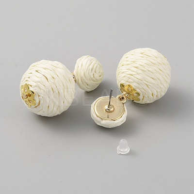 Raffia Grass Round Ball Dangle Stud Earrings EJEW-WH0009-71A-1