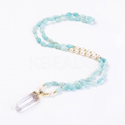 Natural Amazonite and Natural Quartz Crystal Pendant Necklaces NJEW-I220-06-1