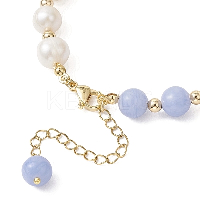 Natural Dyed Blue Lace Agate Beads & Cultured Freshwater Pearl Round Beaded Bracelets for Women BJEW-JB12708-1