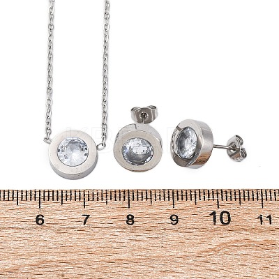 Flat Round 304 Stainless Steel Cubic Zirconia Pendant Necklaces & Bracelets & Stud Earrings Sets for Women SJEW-C004-19P-1