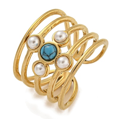 Round Synthetic Turquoise & ABS Plastic Imitation Pearl Finger Rings RJEW-U015-01G-1