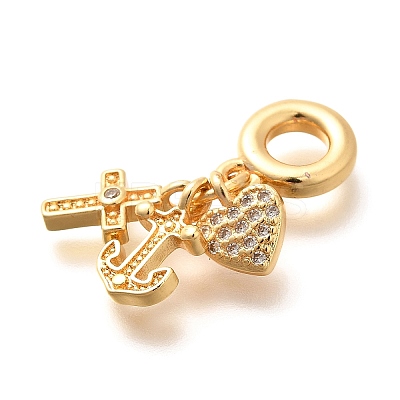 Brass Clear Cubic Zirconia Cross & Anchor & Heart European Dangle Charms KK-U048-08G-1