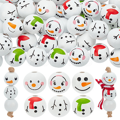 60Pcs 6 Styles Round Christmas Snowman Print Wood European Beads WOOD-PH0002-98-1