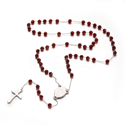 Cross 304 Stainless Steel Rosary Beaded Necklaces NJEW-L414-37B-1