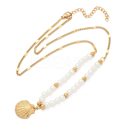 304 Stainless Steel Sea Animal Pendant Plastic Imitation Pearl Beaded Necklaces for Women NJEW-U048-02B-G-1