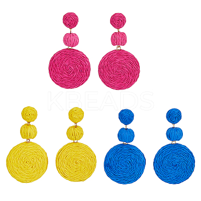 3 Pairs 3 Colors Raffia Grass Flat Round Dangle Stud Earrings EJEW-AN0002-44-1