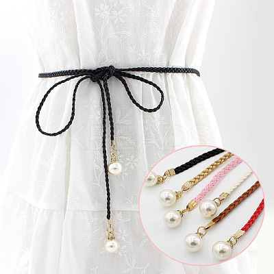 Imitation Leather Braided Belly Belt with Plastic Imitation Pearl Round Bead WG11EBA-03-1